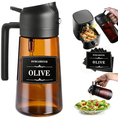 OURCABECUE 2 in 1 Olive Oil Sprayer for Cooking, 16oz Olive Oil Dispenser Bottle for Kitchen, Light-Blocking Dark Glass Oil Bottle, Food-Grade Oil Mister with 8 Oil Stickers (Amber Bottle-Black Cap) - color: Green Bottle-Black Cap