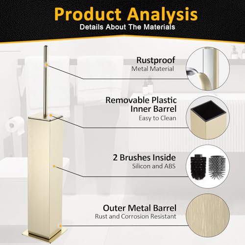 BVL Toilet Brush and Holder Floor Standing, Brushed Gold with 2 Replaceable Heads, Bathroom Toilet Brush, Freestanding Toilet Bowl Brush with Removable Liner and Splash Guard - color: Brushed Gold-standing