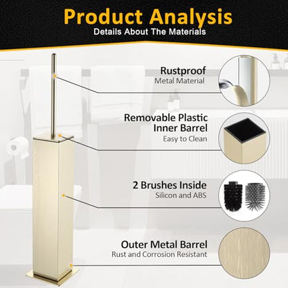 BVL Toilet Brush and Holder Floor Standing, Brushed Gold with 2 Replaceable Heads, Bathroom Toilet Brush, Freestanding Toilet Bowl Brush with Removable Liner and Splash Guard - color: Brushed Gold-standing