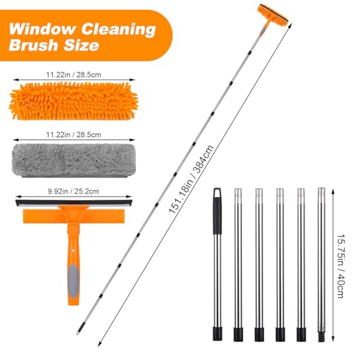 Window Squeegee Cleaner Tool with Extension Pole: 2-in-1 Window Cleaning Kit - 86.6 Inch Telescopic Long Window Cleaning Tool for High Windows Glass with 2 Microfiber Cloth & Squeegee Blade - color: Orange
