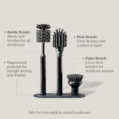 Curio Home Goods Ionic Brush Set, Magnetized to Stand Upright, Stainless Steel with Replaceable Heads, Onyx/Black