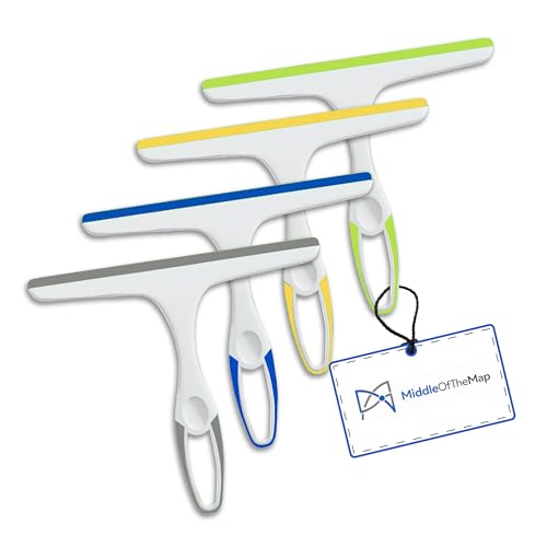 Middleofthemap Shower Squeegee - Flexible Silicone Blade, Lightweight Plastic Handle, Easy Hanging Hook, Attractive Colors, Perfect for Glass Doors, Windows, Tiles, and Mirrors 9.5" (4)