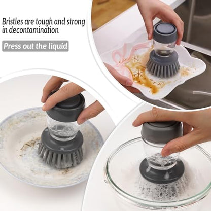 Kitchen Brush with Holder and Soap Dispensing Palm Brush Storage Set for Kitchen Cleaning Dishes Pots Pans Sink Cleaning Dish Scrubber - color: Gray