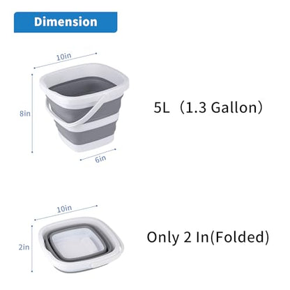 2 Pack Collapsible Buckets 5L 1.3Gallon Small Cleaning Bucket for Household Portable Plastic Bucket Outdoor Car Washing Tub Foldable Camping Beach Sand Water Pot Pail Space Saving Square Grey - color: Grey*2