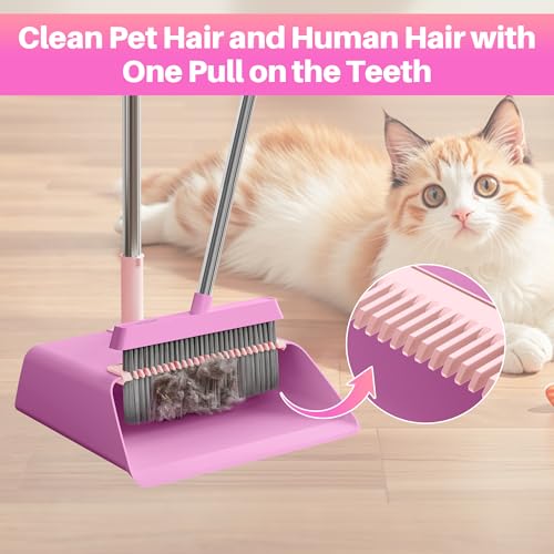 JOYMOOP Pink Broom and Dustpan Set, Upright Angle with Built-in Comb Teeth for Kitchen, Lobby, Pet Hair and Hard Floors - color: Lavender Pink & Sakura Pink