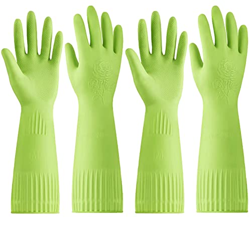 Disfore Rubber-Gloves Dishwashing Gloves for Cleaning-Kitchen - 2 Pairs Long Household Cleaning Gloves for Washing Dishes - color: Large 2 Pairs Green