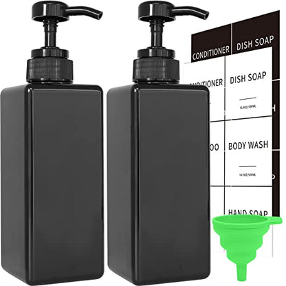 Black Soap Dispenser with Waterproof Labels, Thickened Plastic Hand Soap Dispenser for Bathroom, Kitchen Dish Washing Liquid Bottles, Shampoo and Conditioner Bottles with Funnel (16oz 2Pack Black) - color: 2 Black