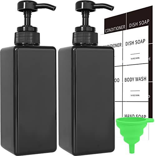 Black Soap Dispenser with Waterproof Labels, Thickened Plastic Hand Soap Dispenser for Bathroom, Kitchen Dish Washing Liquid Bottles, Shampoo and Conditioner Bottles with Funnel (16oz 2Pack Black) - color: 2 Black