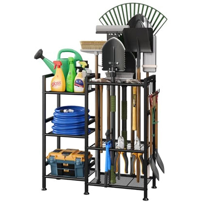 keomaisyto Garden Tool Organizer for Garage Organization, 3 Tier Yard Tool Storage Rack with 35 Long-Handled Tool Slots, Heavy Duty Garden Tool Holder with Large Hooks for Shed, Yard, Garage - size: Extra Large-no Wheels