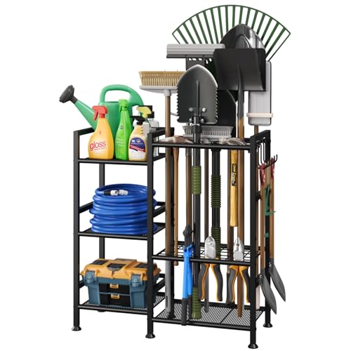 keomaisyto Garden Tool Organizer for Garage Organization, 3 Tier Yard Tool Storage Rack with 35 Long-Handled Tool Slots, Heavy Duty Garden Tool Holder with Large Hooks for Shed, Yard, Garage - size: Extra Large-no Wheels