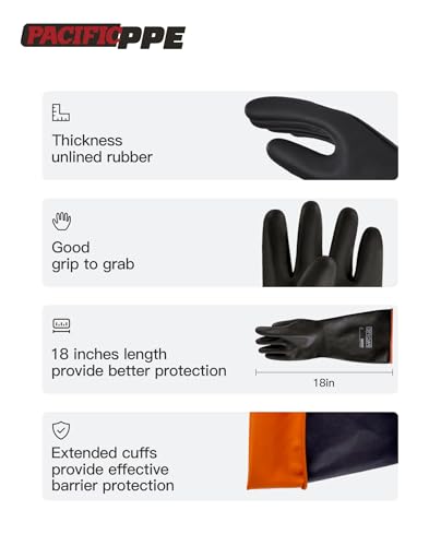 PACIFIC PPE Heavy Duty Latex Chemical Gloves, Strong Acid Resistance Rubber Gloves, Against Alkali and Oil, 18" - color: 18"/Black (1 Pair), size: XL/10
