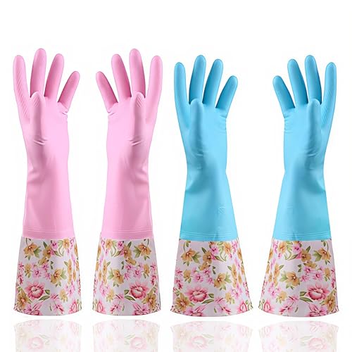 KINGFINGER Rubber Latex-Free Dishwashing Gloves for Household Cleaning, Waterproof, 2-Pair Large with Long Cuff & Flock Lining - size: Large (Pack of 2)