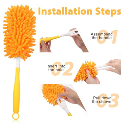11-Pack Reusable Duster Kit – Heavy Duty Chenille Refills with Handle, 360° Microfiber Dusting for Home & Office (Orange)
