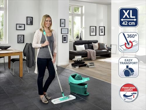 Leifheit Floor Cleaning Profi XL Mop and Bucket Set – 42 cm Microfibre Mop for Large Floors with 360° Joint, Foot-Pedal Wringing System, Heavy Duty 8 L Bucket, Easy Moist or Wet Cleaning, Turquoise - style: Set Mobile