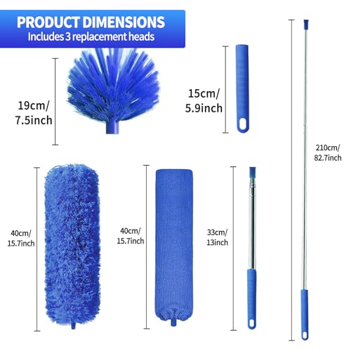 Cobweb Duster with Extension Pole, Washable Cleaning Duster Kit with 3 Duster Heads, Cobweb Duster, Corner Brush, Gap Dust Cleaner, Telescoping Pole for Ceiling Fan, Long Duster for high Ceilings