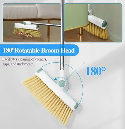 Broom and Dustpan Set 50" Long Handle Foldable Stand Up Broom and Dustpan with Comb Teeth for Indoor & Outdoor Sweeping Home Dog Cat Pets (White) - color: White