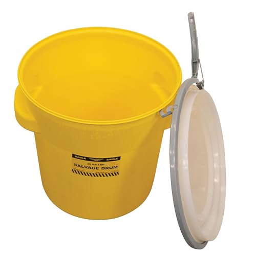 Eagle 20 Gallon Plastic Drum with Lid, Metal Lever-Lock, 20.4"x20.9", Salvage Drum Made of Durable, Lightweight HDPE, Withstands Weather and Chemicals, Made in USA, Yellow, 1654 - size: 20 Gallon, style: Metal Lever-Lock