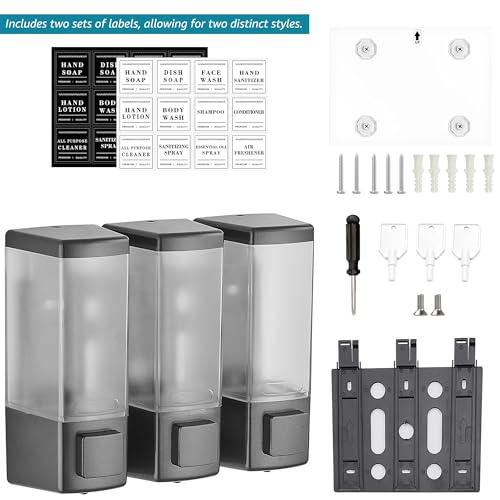 Shampoo and Conditioner Dispenser for Shower,3 Chamber, Grey | Wall Mounted, No Drill, 3×16.9oz,ABS Plastic Material,Refillable With Labels, For Bathroom Hotel - color: Gray