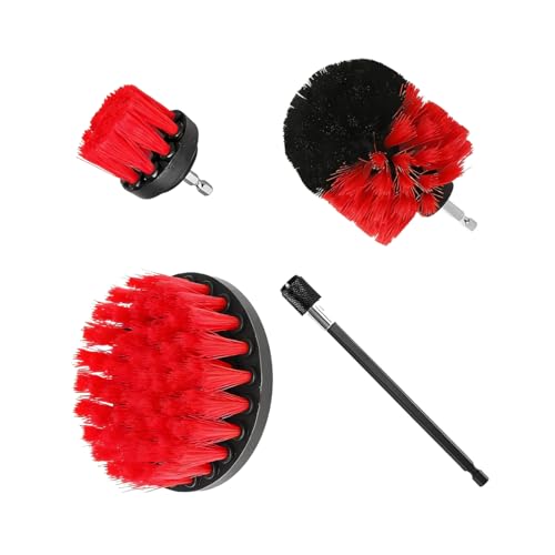 4PCS/Set Car Drill Brush Attachment Set, Vehicle Drill Scrub Brushes Kit with Extended Long Rod, Automotive Power Cleaning Scrubber Accessories, Universal for SUV, Sedan, Truck (Red) - color: Red
