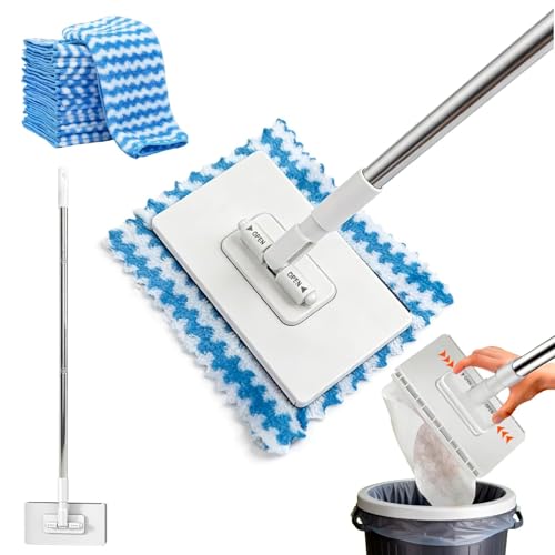 Snap Grip Mini Mop, Zero Touch No Wash Lazy Mop with One-Click Cloth Change, Compatible with Face Towels, Adjustable for Wet/Dry Floors, Tile, Hardwood, Corners (10 Reusable Cloths)