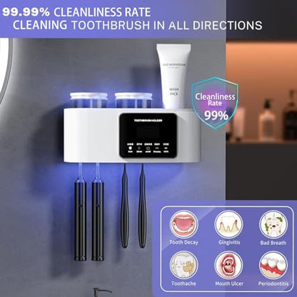Smart Toothbrush Holders for Bathrooms,Electric Toothbrush Holders with Solar Charging,Toothbrush Holder Wall Mounted with 2 Cups and 4 Brush Slots (White)