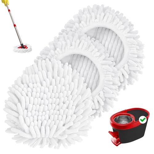 Baderke 3 Pack Chenille Mop Heads Replacements Compatible with 1 Tank System Chenille Duster Replacement Heads Microfiber Spin Mop Refill Pads Reusable Dust Refills for Floor Cleaning (White) - color: White