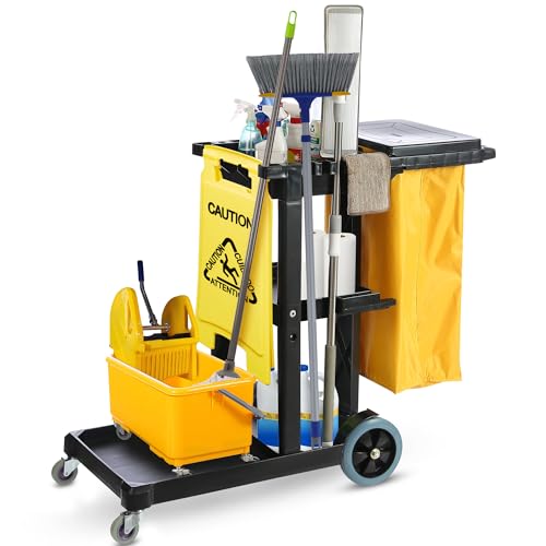 Houseables Cleaning Cart, Janitorial Cart, Cleaning Caddy with Wheels, for Housekeeping, Janitor, Custodian, House Keeping, Maintenance, Rolling Supply Organizer, Custodial, Maid, Commercial, 440 LB - color: Black