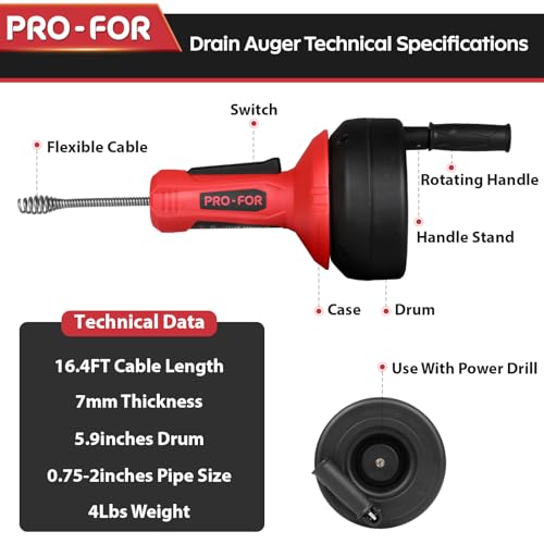 Drain Auger, 16.4FT Plumbing Snake Drain Clog Remover, Manual & Drill Powered Drain Snake for 0.75–2 Inch Pipes, Sink, Shower, Bathtub, Toilet, Kitchen Drain Cleaner Tool with Steel Cable