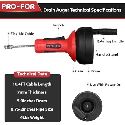 Drain Auger, 16.4FT Plumbing Snake Drain Clog Remover, Manual & Drill Powered Drain Snake for 0.75–2 Inch Pipes, Sink, Shower, Bathtub, Toilet, Kitchen Drain Cleaner Tool with Steel Cable