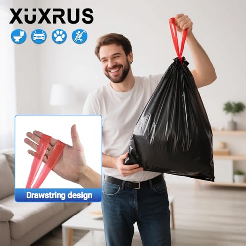 XUXRUS 1.5 Gallon Small Trash Bags, 60 Count Black Drawstring Garbage Bags | Tear-Resistant Mini Trash Bags with Easy Tear-Off Design, Suitable for Bathroom Waste Bins and Office Trash Cans - style: 1.5 GAL-Black-60