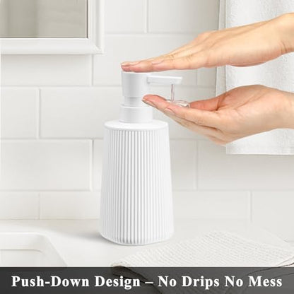 White Hand Soap Dispenser with No Rust Pump for Bathroom and Kitchen Countertops Refillable Striped Matte Plastic 8.5 oz - color: White