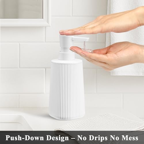 White 2 Pack Hand Soap Dispensers Set with No Rust Pump for Bathroom and Kitchen Countertops Refillable Matte Striped Plastic 8.5 oz - color: White Set of 2