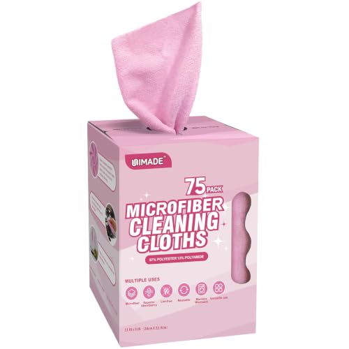 UNIMADE Microfiber Cleaning Cloth, 75 Sheets Microfiber Towels for Cars Commercial Grade Washcloths Lint-Free Bulk Shop Towel Cleaning Rags for Household Restaurant Garage Housekeeping, 11"x 9", Pink - color: Pink