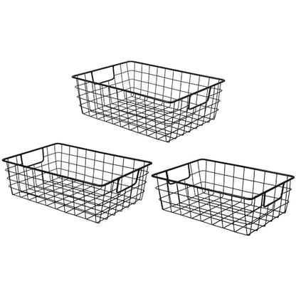 3 Pack Extra Large Wire Basket with Metal Handles, Metal Basket for organizers and storage, Wire Storage Baskets for Pantry, Cabinet, Fridge, Kitchen, Wardrobe, Garage, Bathroom, Black - size: 3PC Extra Large Basket Black