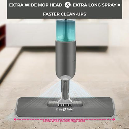True & Tidy® SPRAY-250 Multi-Surface Spray Mop with Refillable Water Bottle for Floor Cleaning, Works on Wood, Tile, Marble etc, Use Any Cleaning Solution, Machine Washable Microfiber Mop Pads, Gray