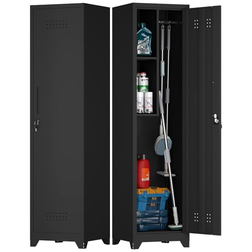 Slim Broom Closet Storage Cabinet, Black Metal Cabinets with Lock and & S-Hooks, Cleaning Supply Cabinet, Utility Closet Cabinets for Garage, Office, Laundry Room - color: Black, size: 65''H-1 door