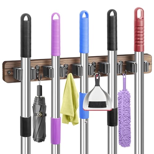 IMILLET 2 PACK Stainless Steel Mop and Broom Holder and 1 PACK Wooden Broom Holder