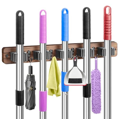IMILLET 2 PACK Stainless Steel Mop and Broom Holder and 1 PACK Wooden Broom Holder