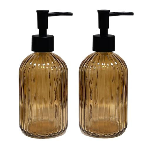 Brown Glass Soap Dispenser Set with Black Pump, 13.5oz Refillable Liquid Hand Dispenser, Vertical Stripe Lotion Dish Soap Dispenser for Modern Home Decor, Bathroom, Kitchen Countertop, Hotel(2 Pack) - color: Dark Brown