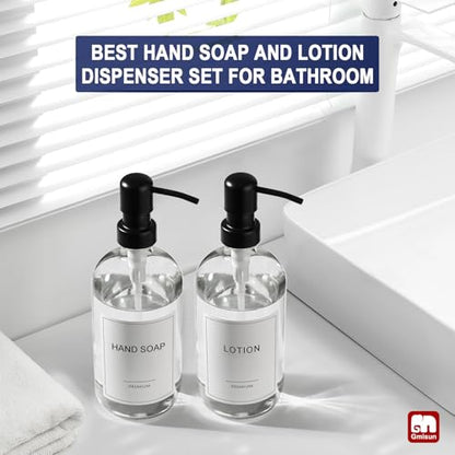 GMISUN Glass Soap Dispenser with Pump, 2 Pack Clear Bathroom Hand Soap Dispenser with Stainless Steel Pump, 16 Oz Refillable Kitchen Hand and Dish Soap Dispensers Set, Modern Liquid Pump Bottles - color: Clear Bottle + Black Pump, size: 2 Pack