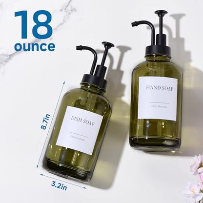 Glass Soap Dispenser with Pump, Dish and Hand Soap Dispenser for Kitchen Bathroom Set, Clear Glass Dispenser Set of 2 Pack with 18 Stickers Funnel Bamboo Tray 500ml 18oz Green - color: Glass Olive Green