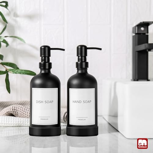 GMISUN Black Soap Dispenser with Silicone Sleeve Boot, 2 Pack Glass Bathroom Hand Soap Dispensers with Stainless Steel Pump, 17 Fl Oz Kitchen Hand and Dish Soap Dispenser Set, Liquid Dispensers Bottle - color: Black Bottle + Black Pump + Silicone Boot, si