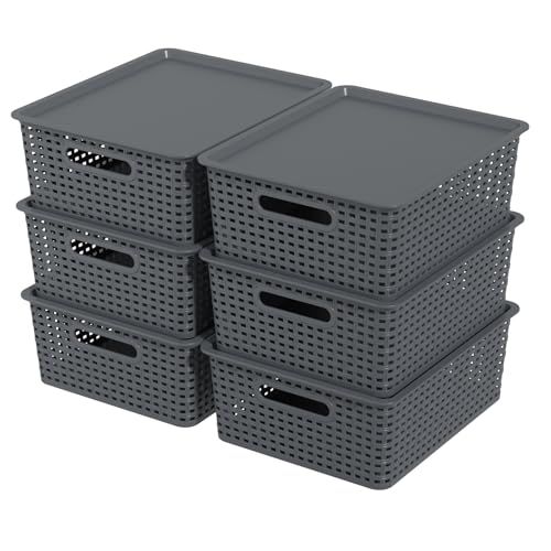 6-Pack Plastic Woven Basket with Lids, Lidded Storage Bin, Grey | 14.05" x 11.65" x 5.31", Plastic Material, Carry Handle, Dust-Proof Lid, Ideal for Bedroom Bathroom Kitchen Sundry Sorting - color: Gray