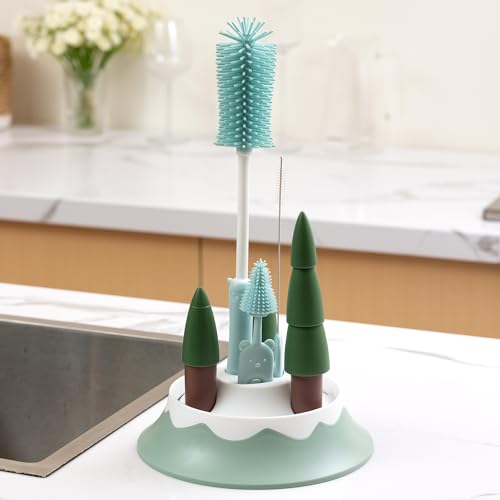 Chemimoso Baby Bottle Drying Rack and Cleaning Set, with Straight Silicone Baby Bottle Brush, Pacifier Brush, Straw Brush, Cup Lid Cleaning Brush, 2025 Xmas Holiday Surprise Gift for Newmom, Z Blue - style: Set, Z Blue