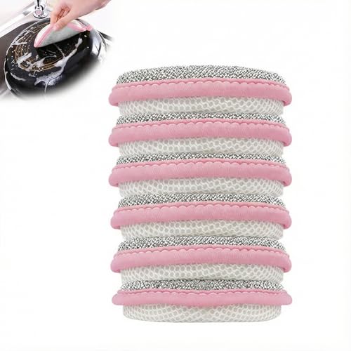 6 - Piece Set of Double - Sided Dishwashing Sponges: Round Non - Scratch Scrubbing Pads Ideal for Cleaning Dishes, Pots, Pans, Sink, and Basin in The Kitchen（Pink） - color: Pink