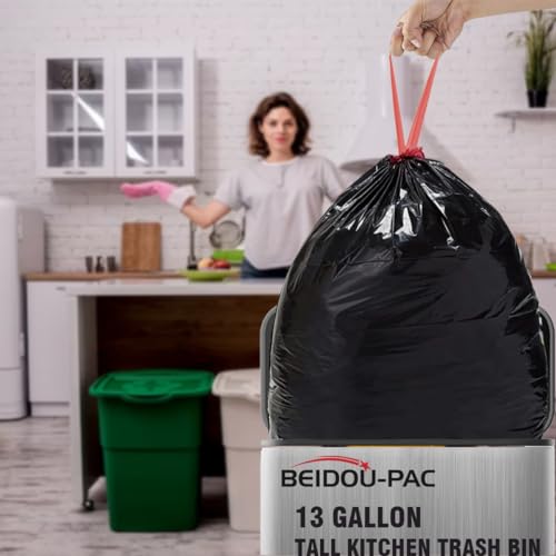 BEIDOU-PAC 13 Gallon Trash Bags Drawstring, 50 Count Bulk, Black & Unscented Garbage Bags, Multi-purpose Tall Kitchen Trash Bags Can Liners for Business Home Commercial and Industrial - style: 13 Gallon |50 Count
