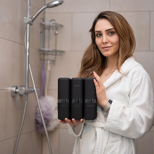 Shower Soap Dispenser 3 Chamber No Drill, Wall Mounted Shampoo Conditioner Body Wash Dispenser, Stick-On Installation, Lockable Matte Black, Refillable 250ml x 3 for Bathroom & Hotel