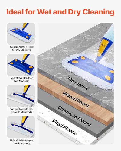 VEVOR Spray Mop, with 3 Washable Pads for Dry and Wet Floor Cleaning and a 27oz Refillable Water Tank, Microfiber Dust Wet Mop & Twisted Cotton Dry Mop, Commercial Home Use for Tiles/Vinyl/Wood Floor