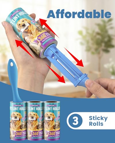 POPCHOSE Lint Rollers for Pet Hair Extra Sticky, 270 Sheet Extra Sticky Lint Rollers for Pet Hair, 1 Handles & 3 Sticky Rolls,Dog Cat Hair Remover for Clothes,Furniture,Couch,Lint Roller for Clothes - size: 270 Sheets