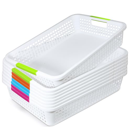 8 Pack Classroom Storage Baskets 15''x10''x3'' Large Plastic Classroom Paper Trays with Handle Letter Size A4 Paper Toy Basket Turn in Trays for Library, Office Desk Drawer Organizing (8, White) - color: White